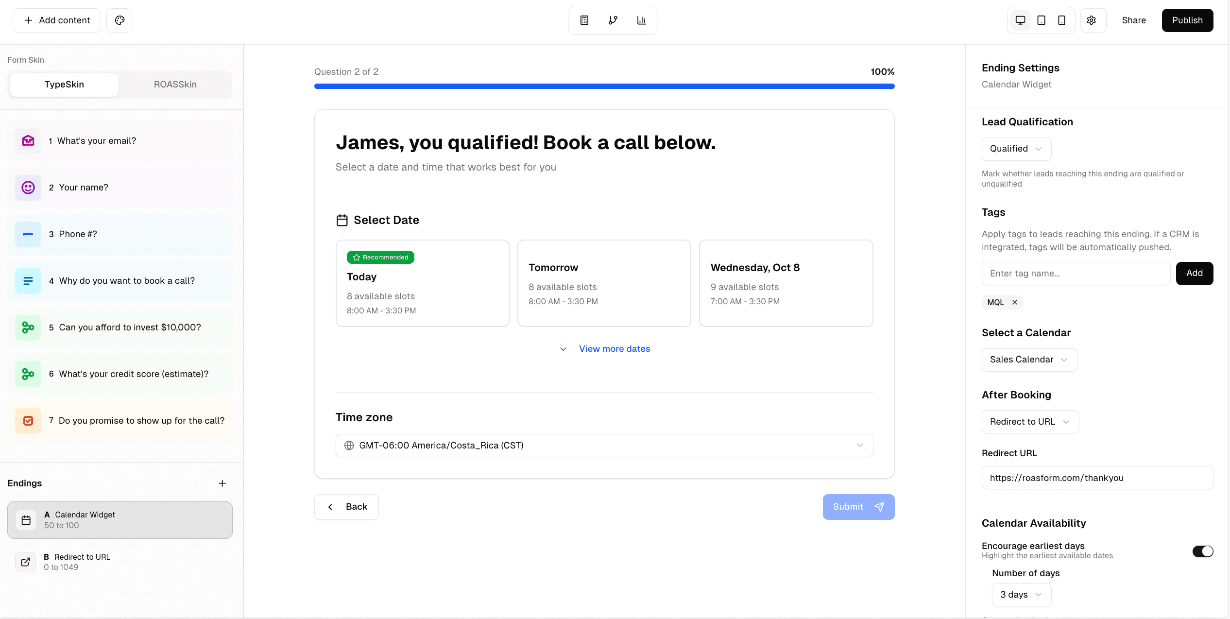 ROASForm Dashboard Preview - Form Builder with Calendar Integration