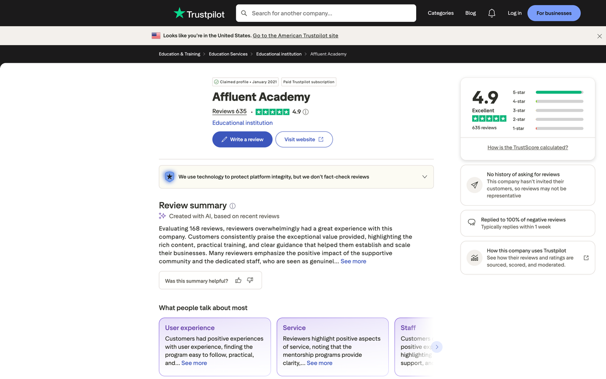 Affluent Academy Trustpilot profile showing 4.9 out of 5 from 635 reviews