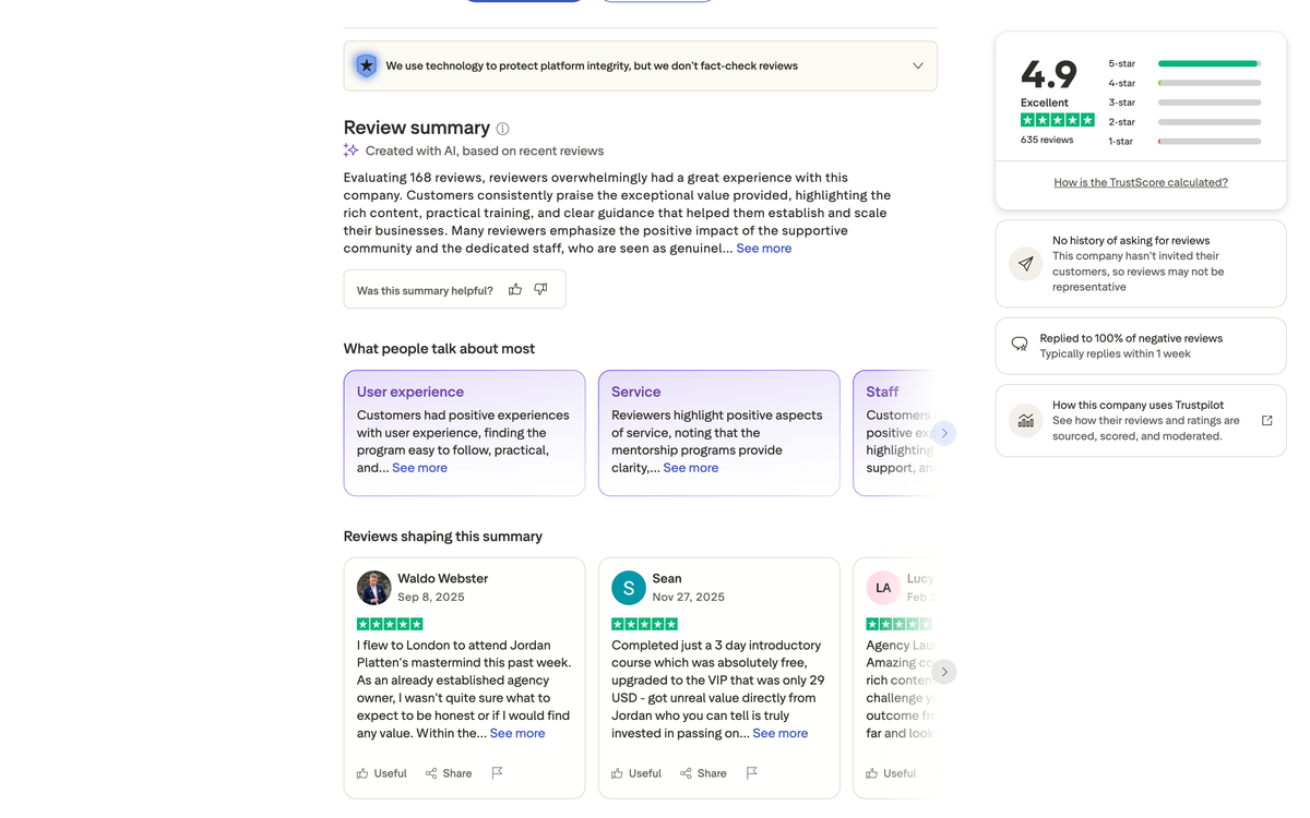 Affluent Academy Trustpilot individual review cards from verified students