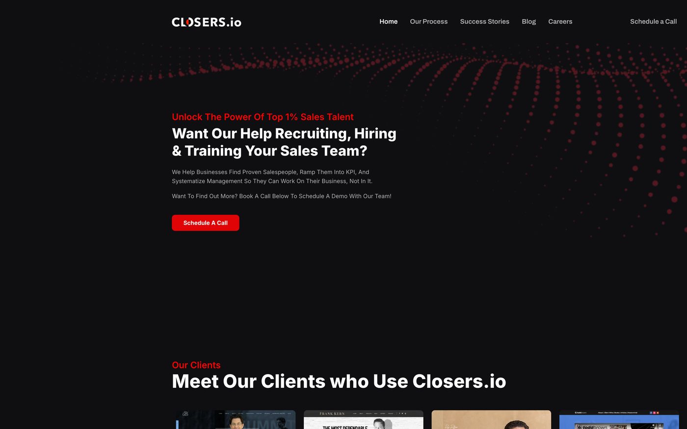 Closers.io homepage: Want Our Help Recruiting, Hiring & Training Your Sales Team?