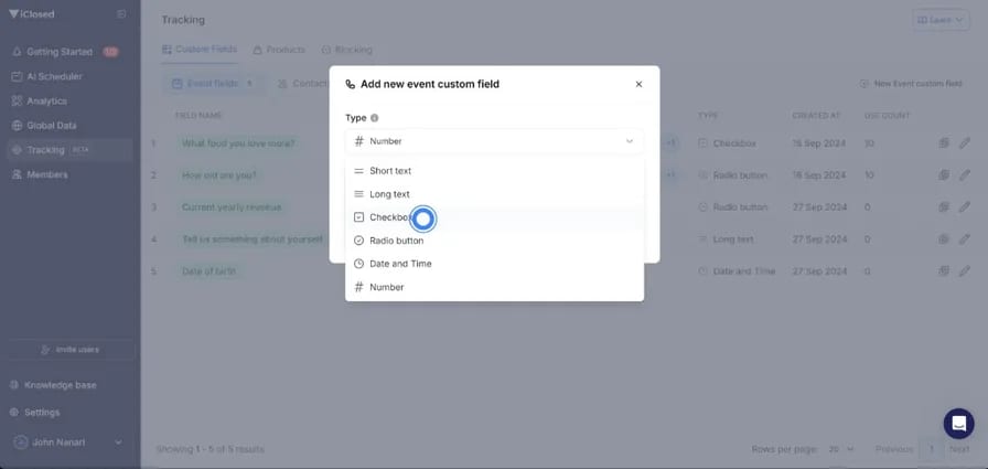 iClosed custom field types: short text, long text, checkbox, radio button, date and time, number