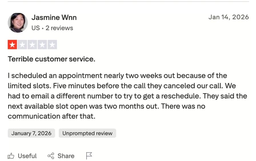 iClosed Trustpilot review titled Terrible customer service, 1 star. Appointment canceled 5 minutes before call with next available slot two months out