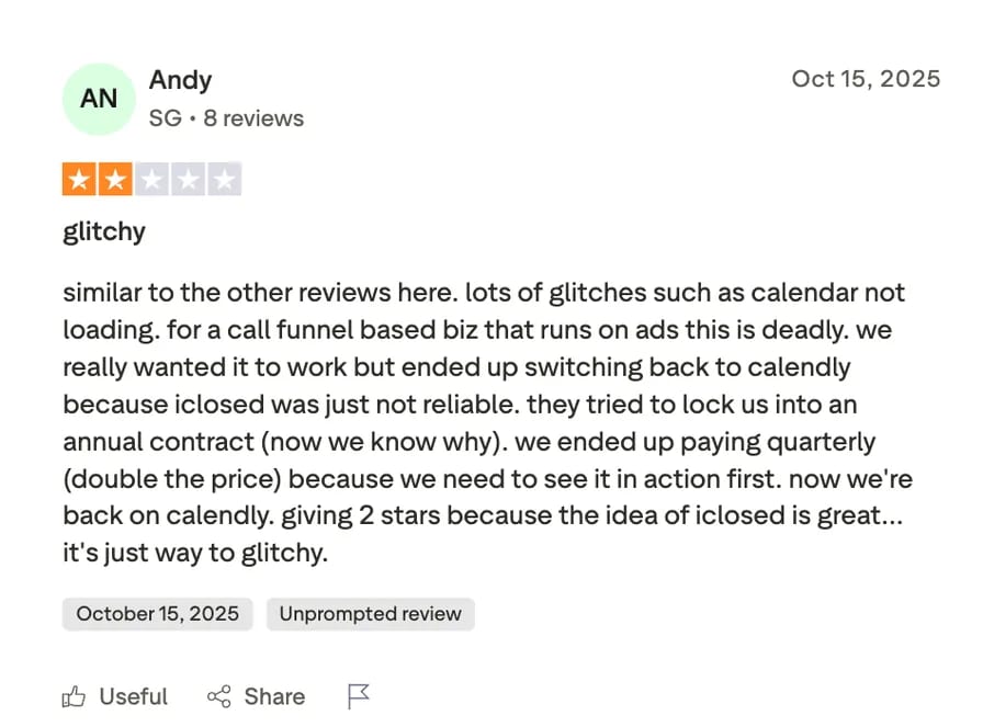 iClosed Trustpilot review titled Glitchy, 2 stars. User reports calendar not loading during paid ad campaigns and calls it deadly for funnel-based businesses