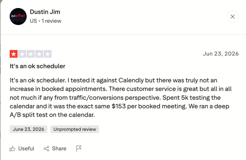 iClosed Trustpilot review titled It's an ok scheduler, 1 star. User spent $5k on A/B testing and saw no increase in booked appointments or improvement in cost per booked meeting vs Calendly