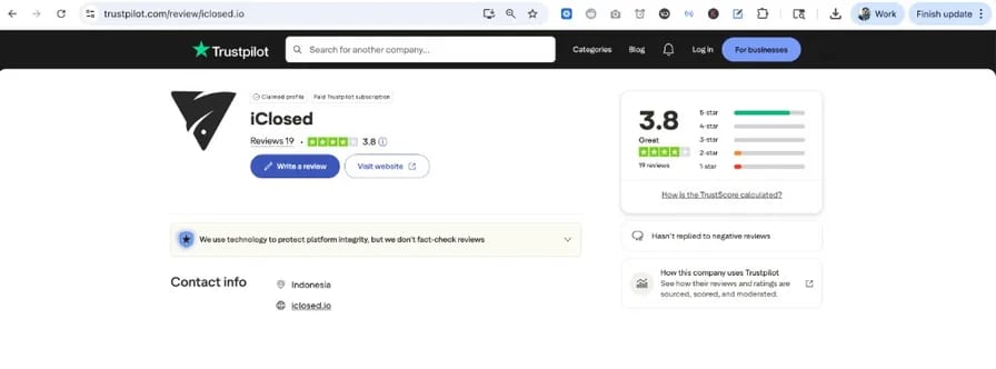 iClosed Trustpilot page showing 3.8 out of 5 rating from 19 reviews