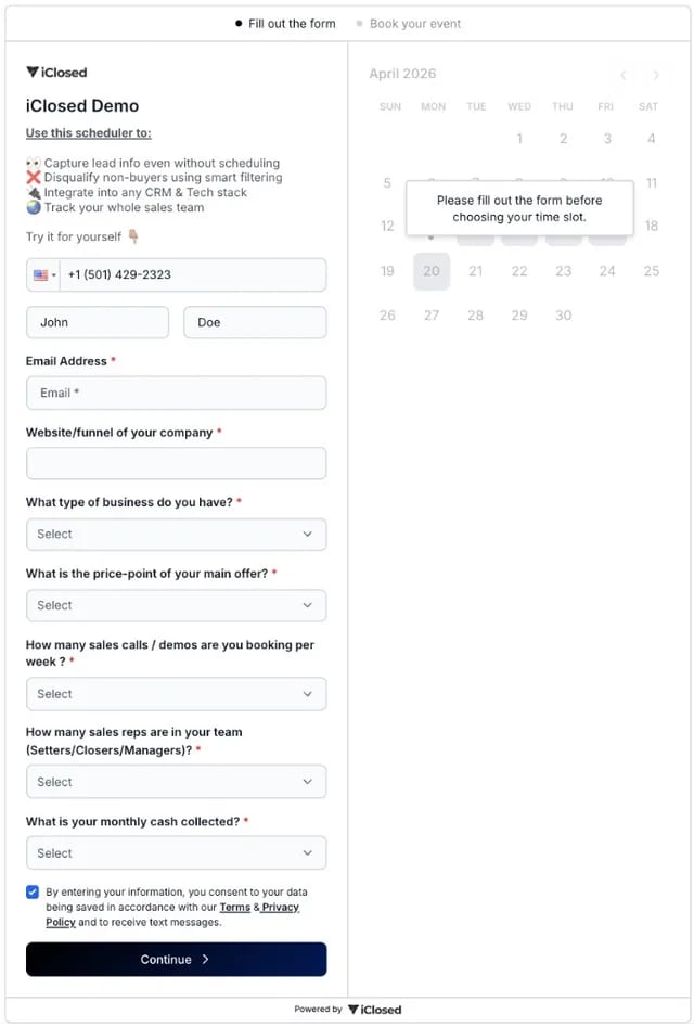 iClosed demo form showing all qualification questions stacked on a single page