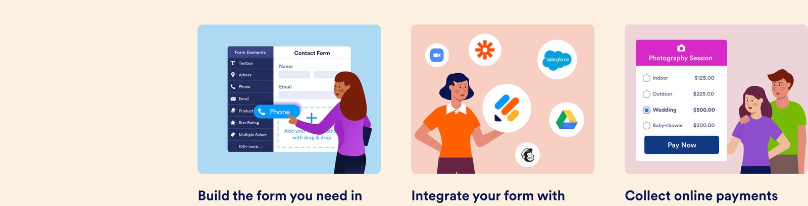 JotForm's drag-and-drop form builder, integrations, and payment collection UI