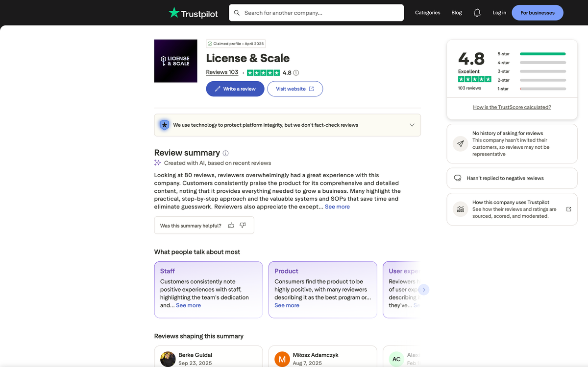 License & Scale Trustpilot profile showing 4.8 out of 5 from 103 reviews