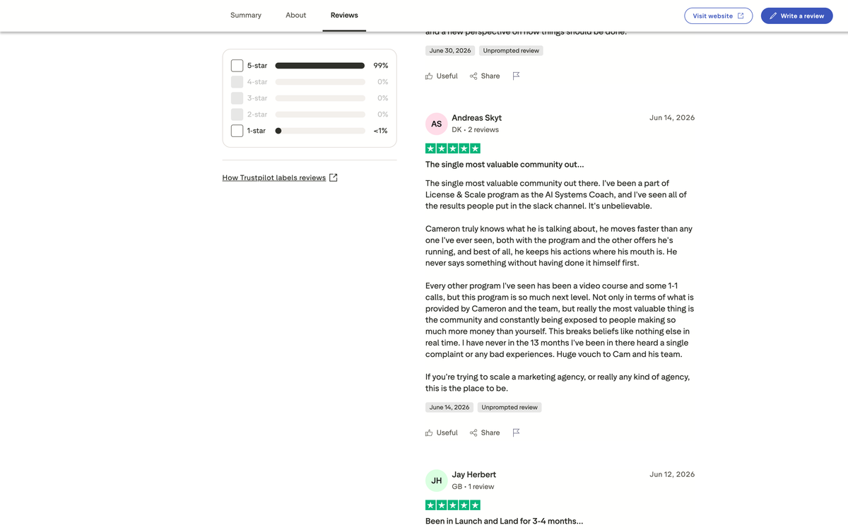 License & Scale Trustpilot reviews showing 5-star ratings from verified members