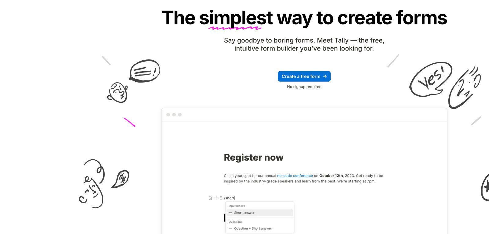 Tally's document-style form builder interface with a slash-command menu
